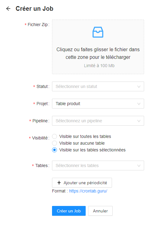 Formulaire de création de job