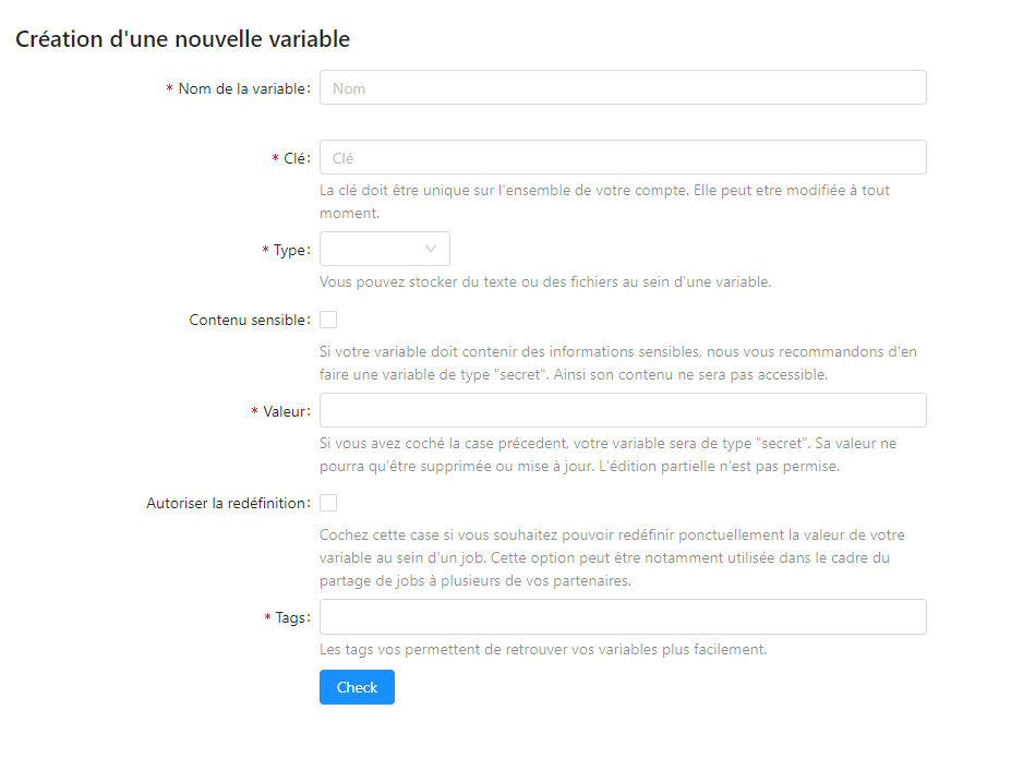Variable creation form